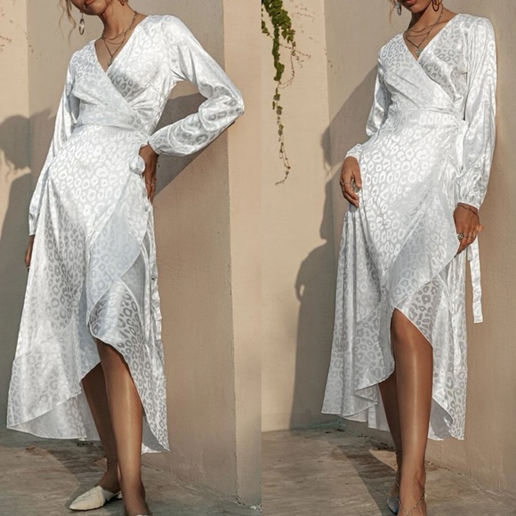 Boho army green  leopard print jacquard wrap belted maxi dress - Picture 2 of 8